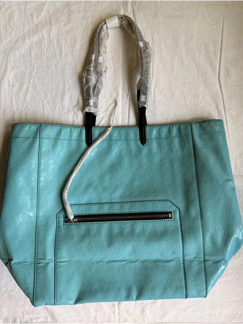 Karl Lagerfeld Light Teal Patent Tote with Black Leather Handles